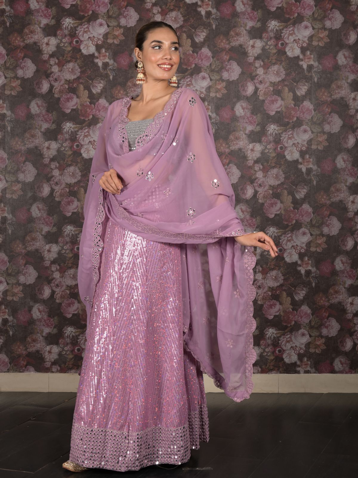 Odette Lilac Sequins and Faux Mirror Embroidered Semi-Stitched Georgette Lehenga with Unstitched Blouse for Women