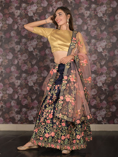 Odette Navy Blue Silk Blend Embroidered Semi-Stitched Lehenga with Unstitched Blouse for Women