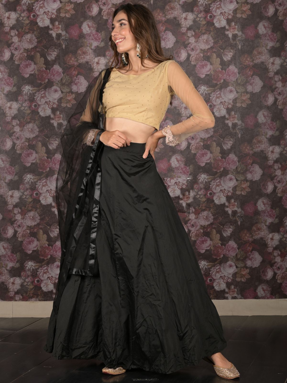 Odette Black Silk Blend Semi-Stitched Lehenga with Unstitched Blouse for Women