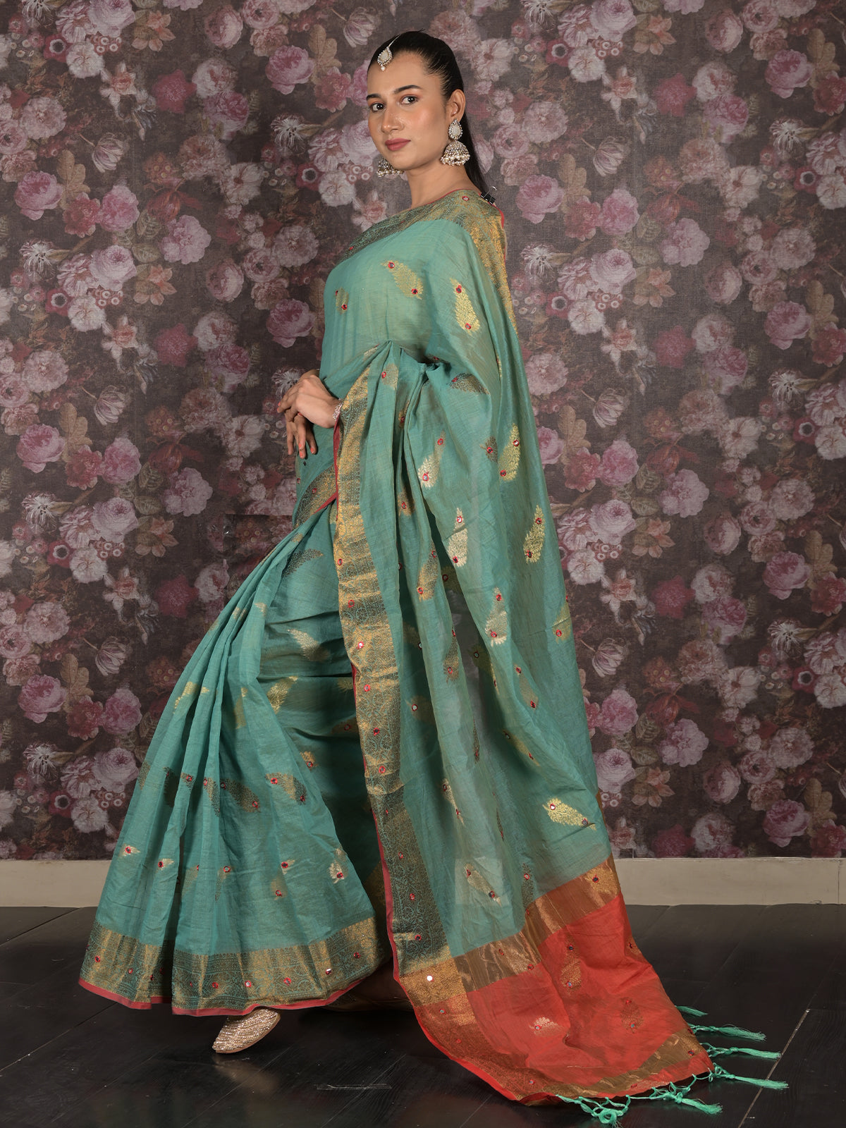 Odette Teal Cotton Blend Woven Saree With Unstitched Blouse For Women