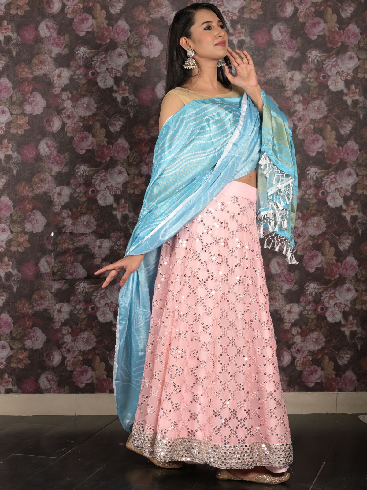 Odette Light Pink Sequins Embroidered Lehenga Set With Dupatta And Unstitched Blouse For Women