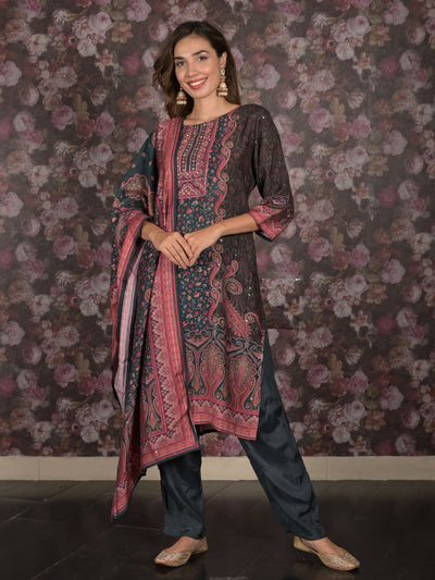 Odette Grey Ethnic Motifs Printed Embroidered Rayon Stitched Kurta Set for Women