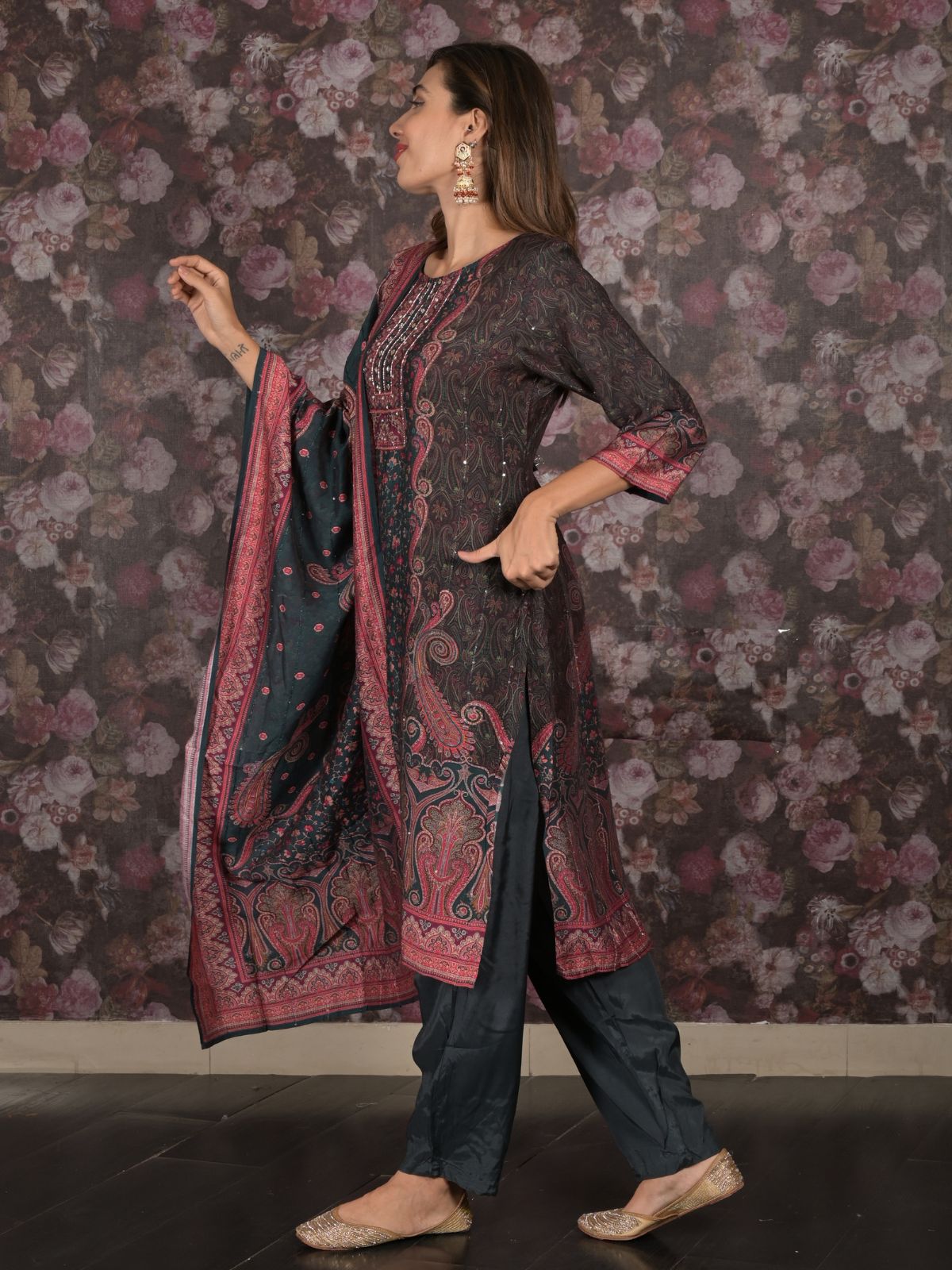 Odette Grey Ethnic Motifs Printed Embroidered Rayon Stitched Kurta Set for Women