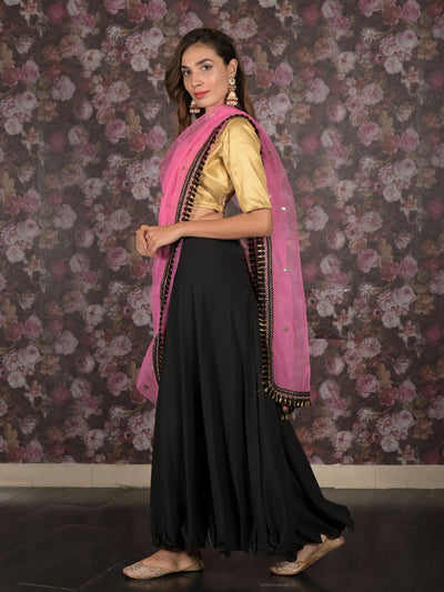 Odette Black Georgette Stitched Lehenga with Embroidered Unstitched Blouse for Women