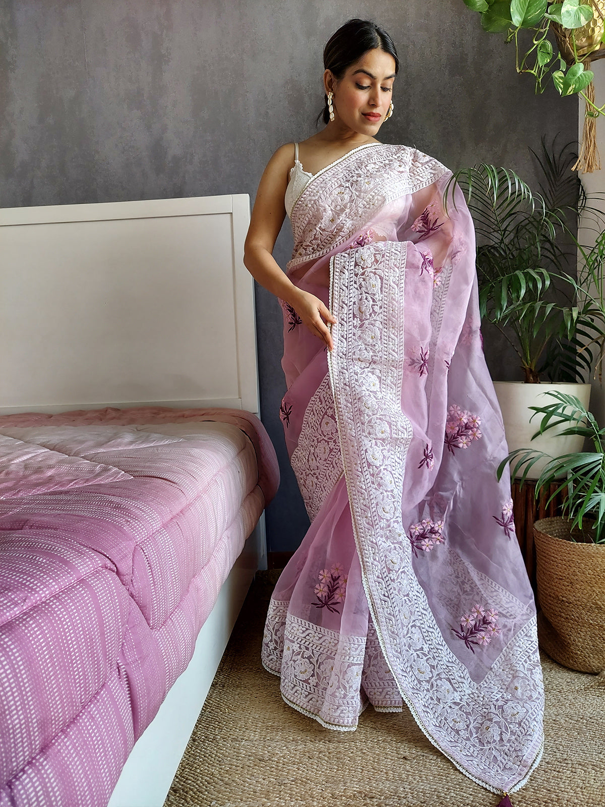 Buy Off-white and Violet Chiffon Box Printed Saree With Chikankari  Hand-Embroidered Online in USA – Pure Elegance