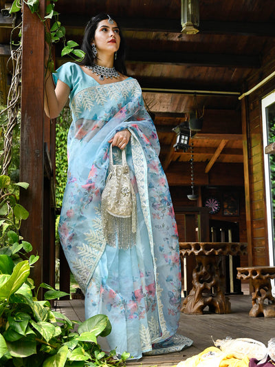 Odette - Light Blue Organza Floral Print Saree With Unstitched Blouse