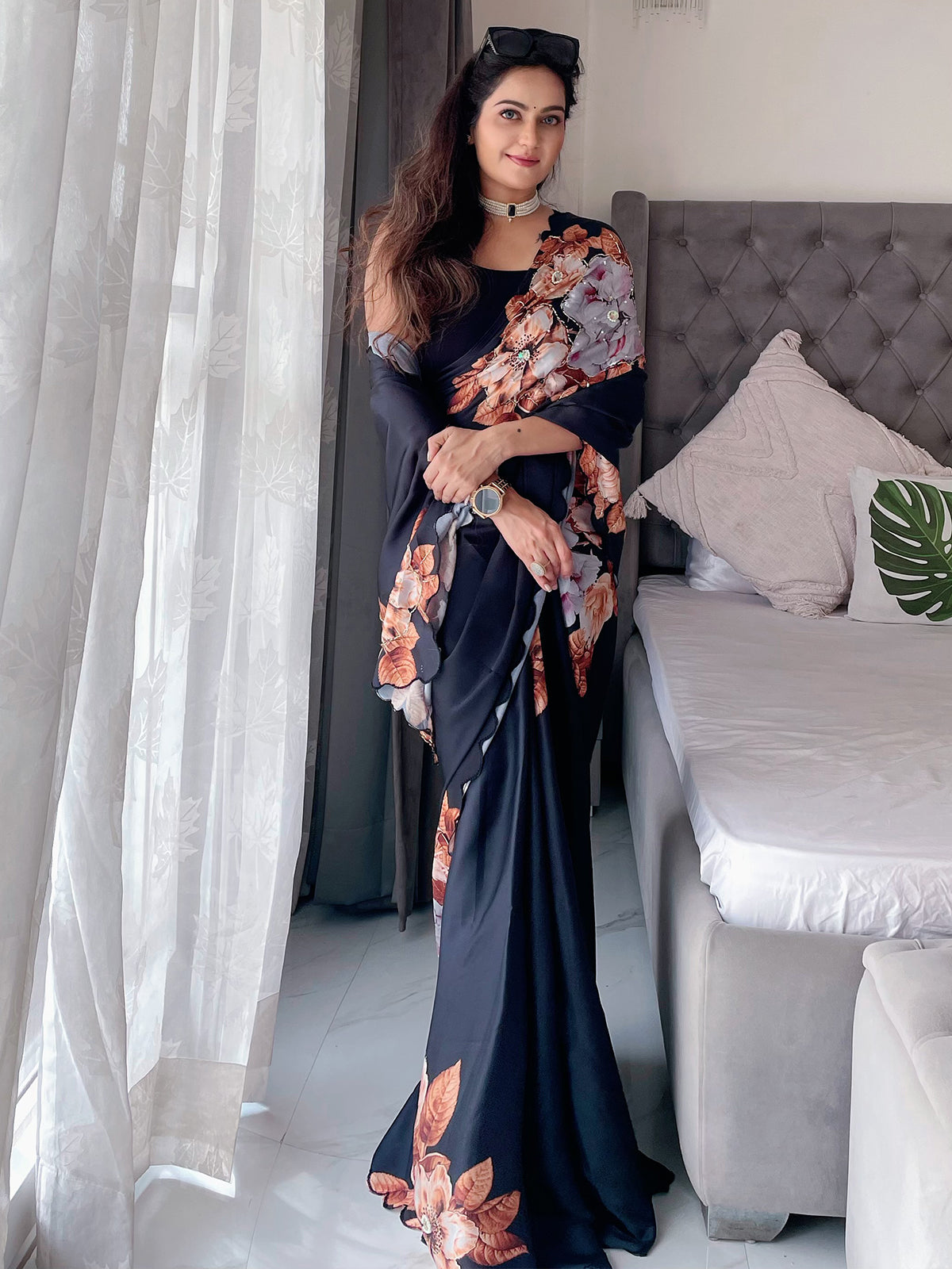 Black And White Printed Satin Saree