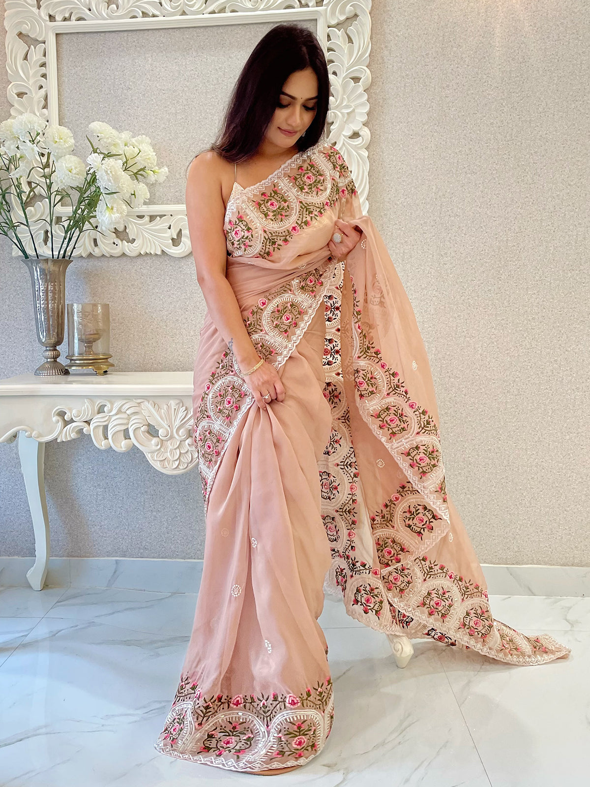 Pastel Peach Organza Saree with Beige Tusser Silk Embroidered  Border|Desically Ethnic