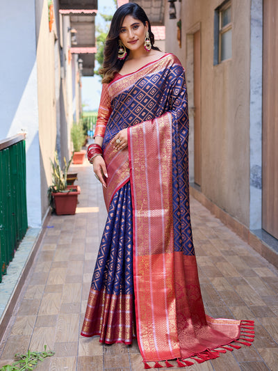 Odette Blue Silk  Saree with unstitched Blouse For Women