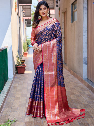 Odette Blue Silk  Saree with unstitched Blouse For Women