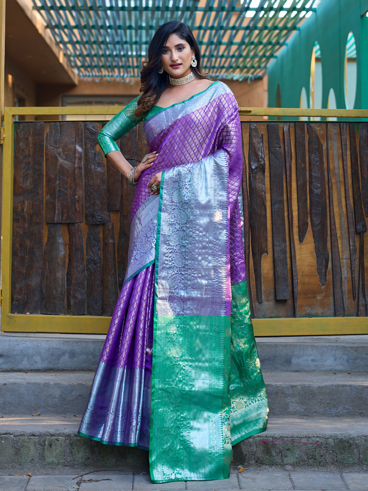 Tvis and Bliss. Violet and Green Uppada Silk Saree