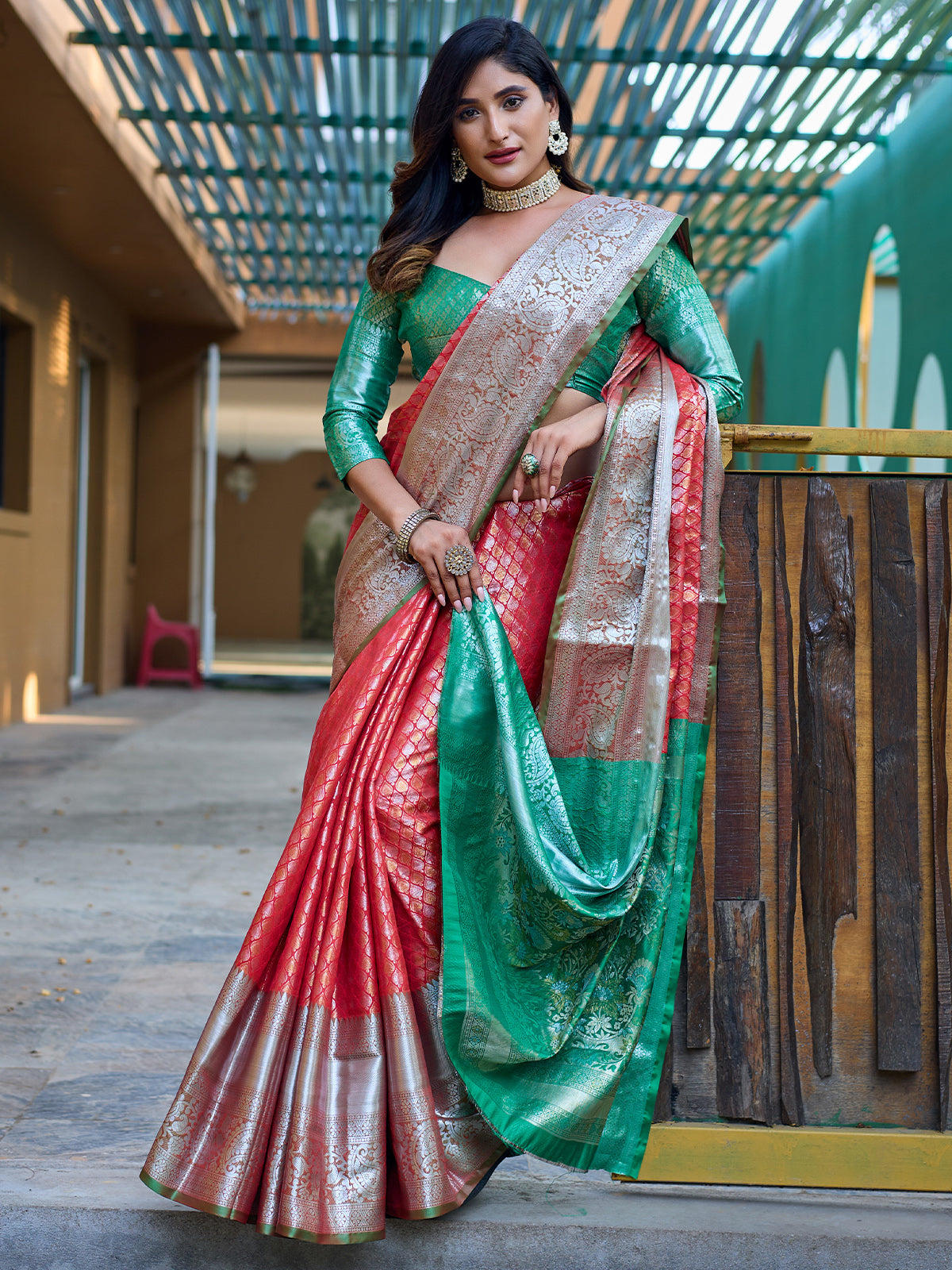 Odette Women's Red Banarasi Silk  Saree with unstitched Blouse