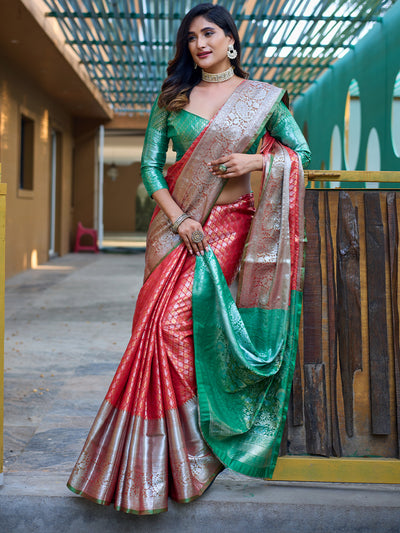 Odette Women's Red Banarasi Silk  Saree with unstitched Blouse