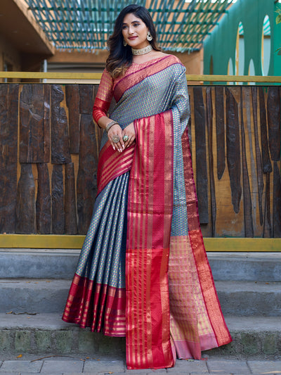 Odette Grey Silk  Saree with unstitched Blouse For Women