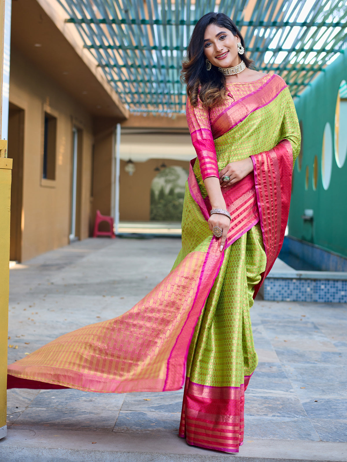 Buy Pink Organza Blouse N Olive Green Saree Festive Wear Online at Best  Price | Cbazaar