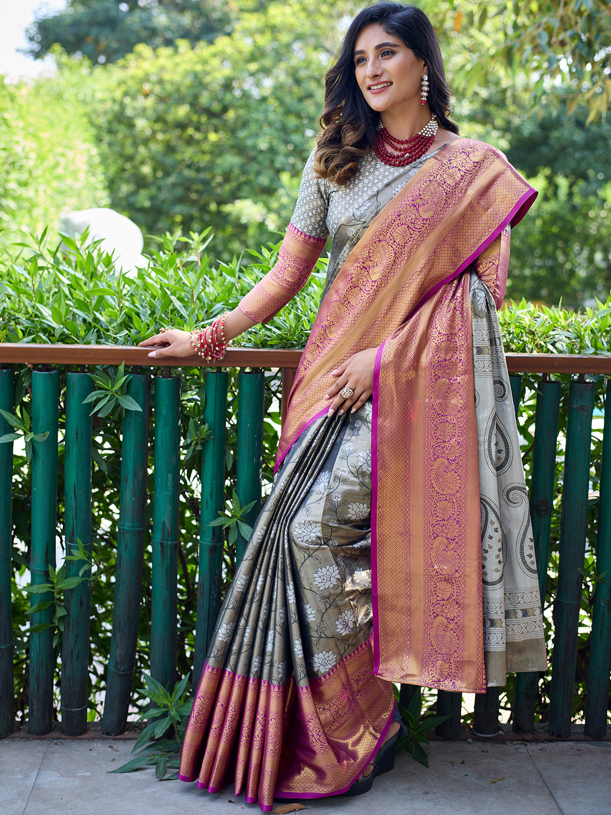 Grey-Blue Banarasi Silk Festival Wear Saree With Blouse - Cl