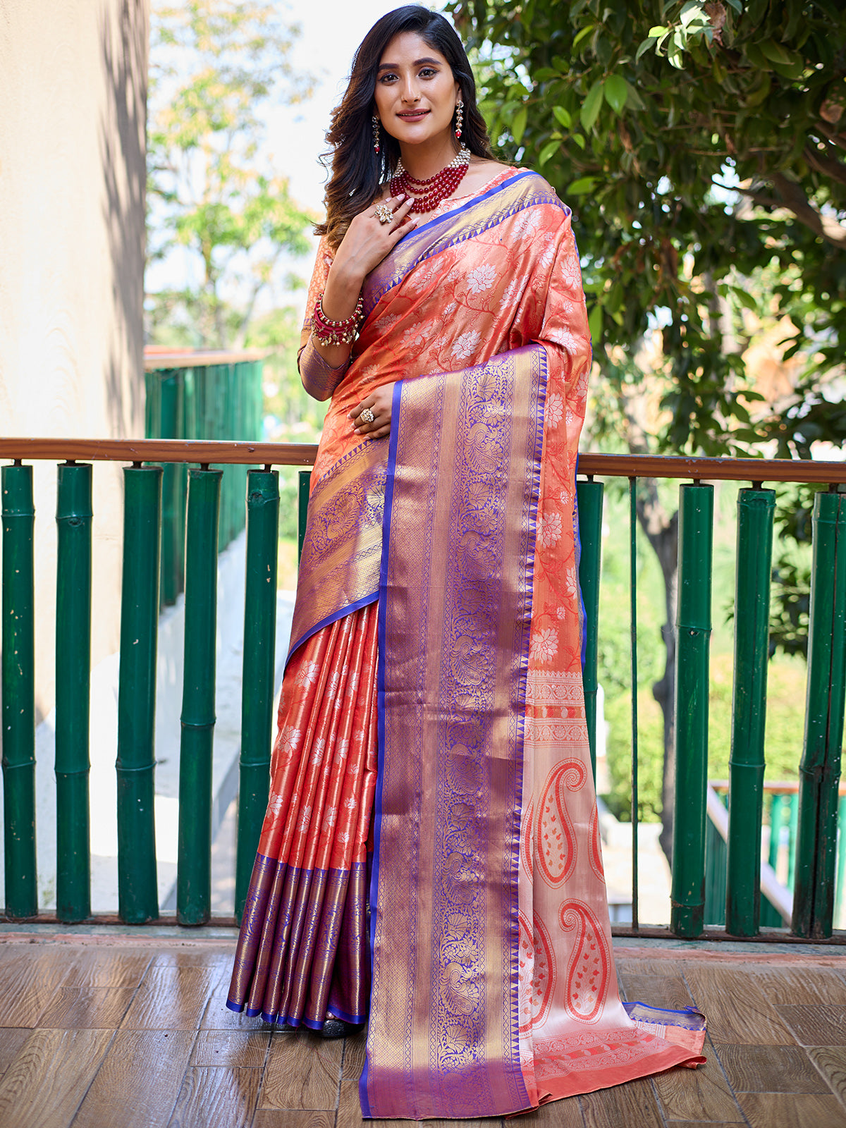 Peach Saree in Silk with Peacock and Elephant Motifs