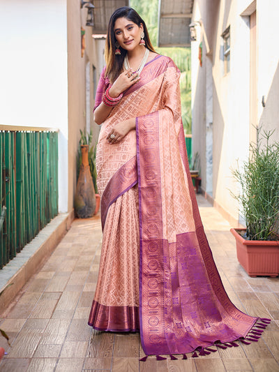 Odette Women's Peach Silk  Saree with unstitched Blouse