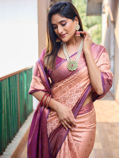 Odette Women's Peach Silk  Saree with unstitched Blouse