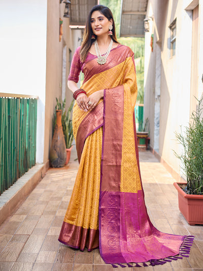 Odette Women's Yellow Silk Saree with unstitched Blouse