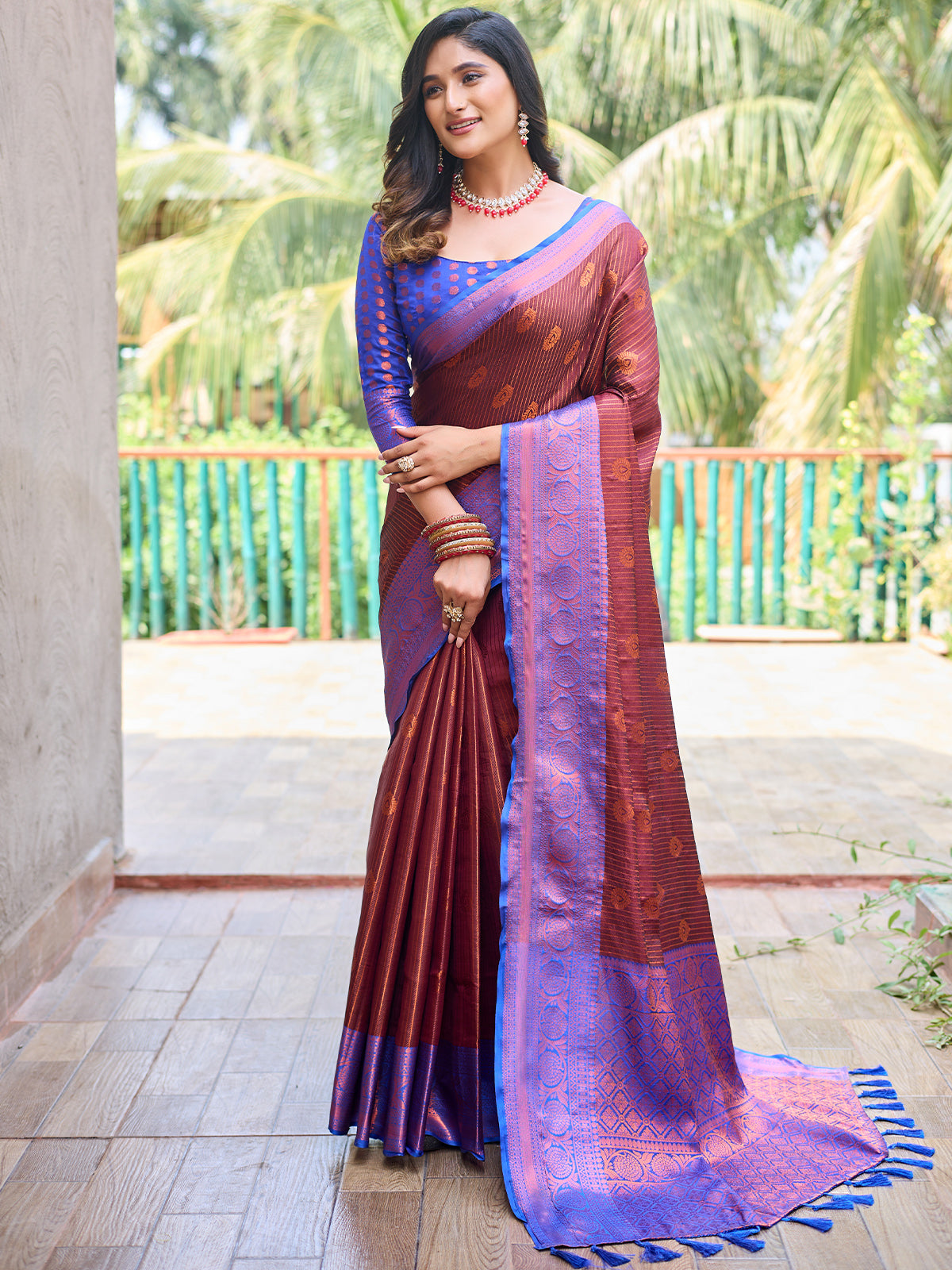 Maroon Plain Dola Silk Saree