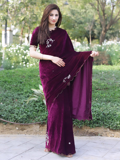 Odette Women Velvet Embroidered Violet Saree With Blouse Piece