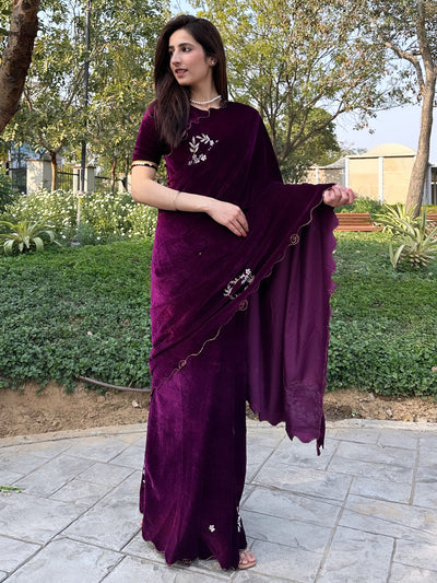 Odette Women Velvet Embroidered Violet Saree With Blouse Piece