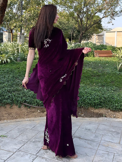 Odette Women Velvet Embroidered Violet Saree With Blouse Piece