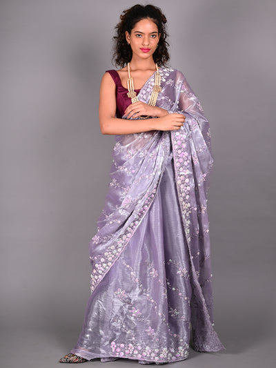 Odette Lilac Chiffon Silk Embroidered Saree For Women