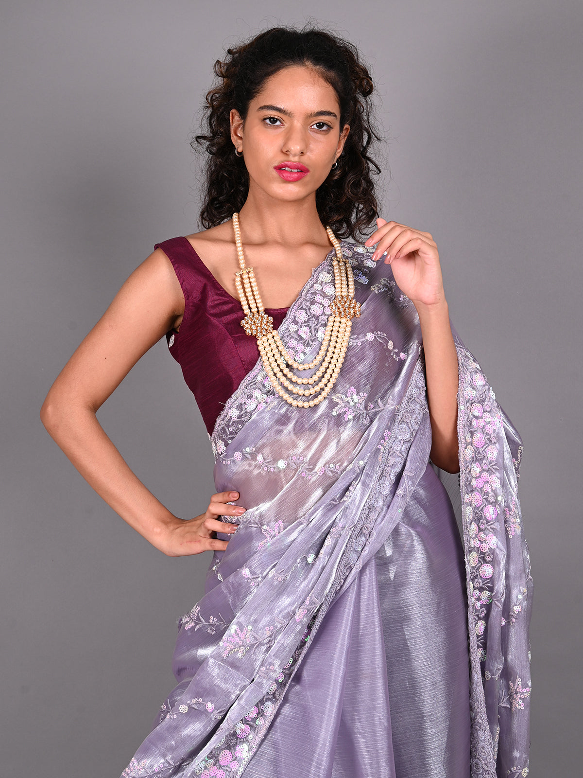 Odette Lilac Chiffon Silk Embroidered Saree For Women