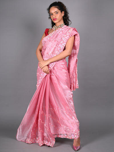 Odette Pink Chiffon Silk Embroidered Saree For Women