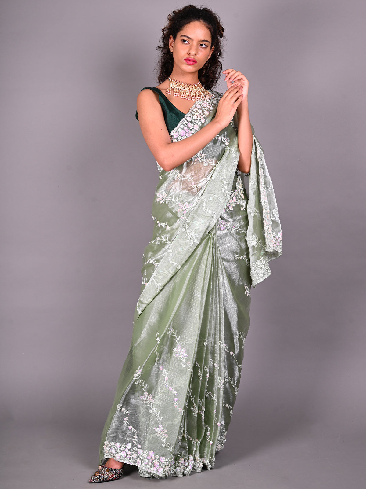 Odette Light Green Chiffon Silk Embroidered Saree For Women