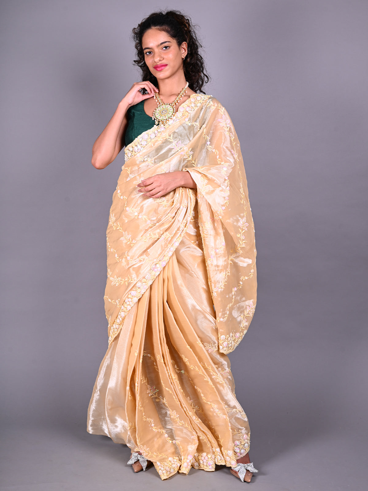 Odette Yellow Chiffon Silk Embroidered Saree For Women