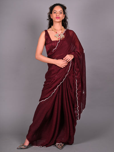 Odette Red Silk Blend Embroidered Saree For Women