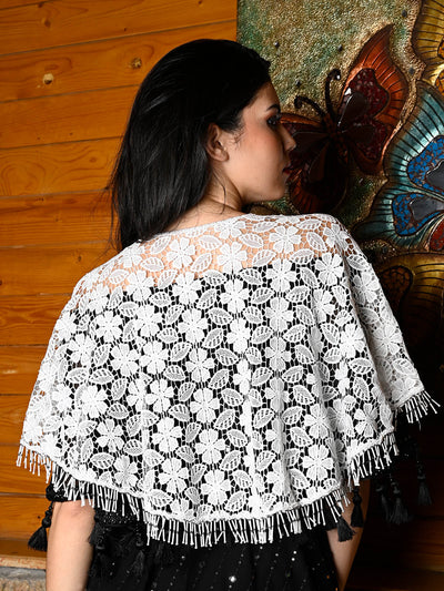 Odette Women Tasseled Grandeur- The White Lace Tasseled Cape