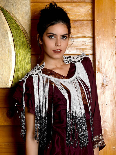 Odette Women Tasseled Grandeur- The Black And White Beads Tasseled Cape