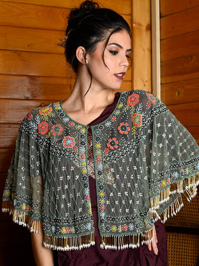 Odette Women Tasseled Grandeur- The Green Embroidered Tasseled Cape