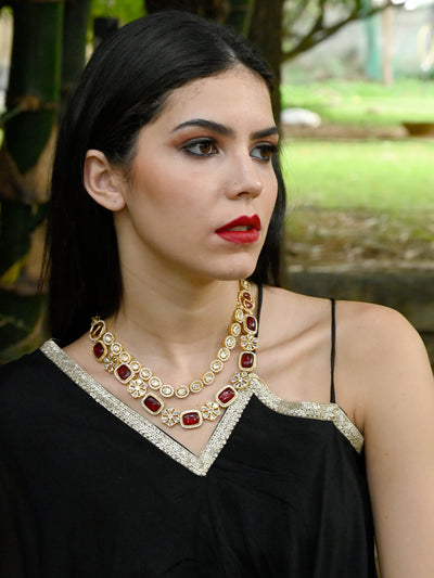 Odette Women Red And White Kundan Necklace Set