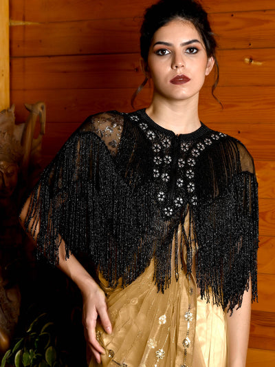 Odette Women Tasseled Grandeur- The Black Beads Tasseled Cape