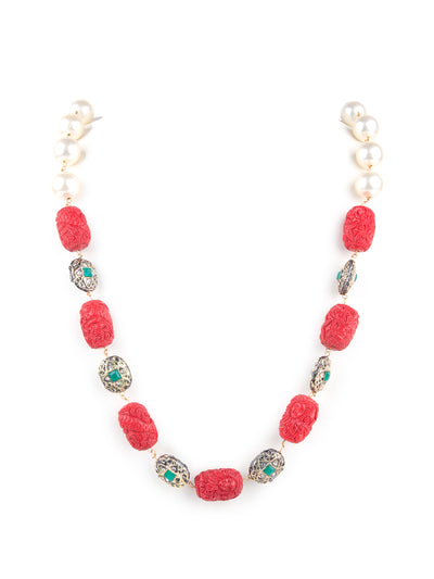 Odette Women Stylish Red And White Beads Western Necklace Set