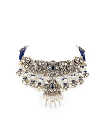 Odette Women Royal Blue And White Heavy Bridal Necklace Set With Statement Earrings