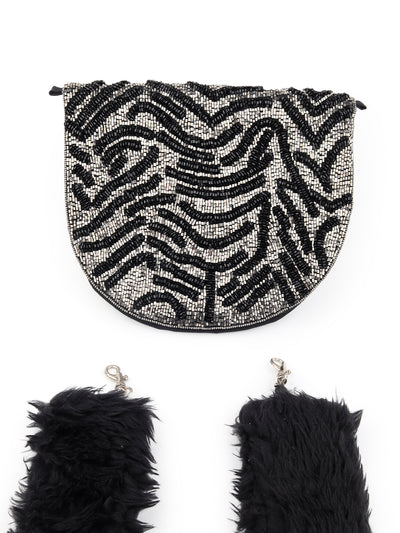 Odette Women Black Soft Fur Handle Beads Bag