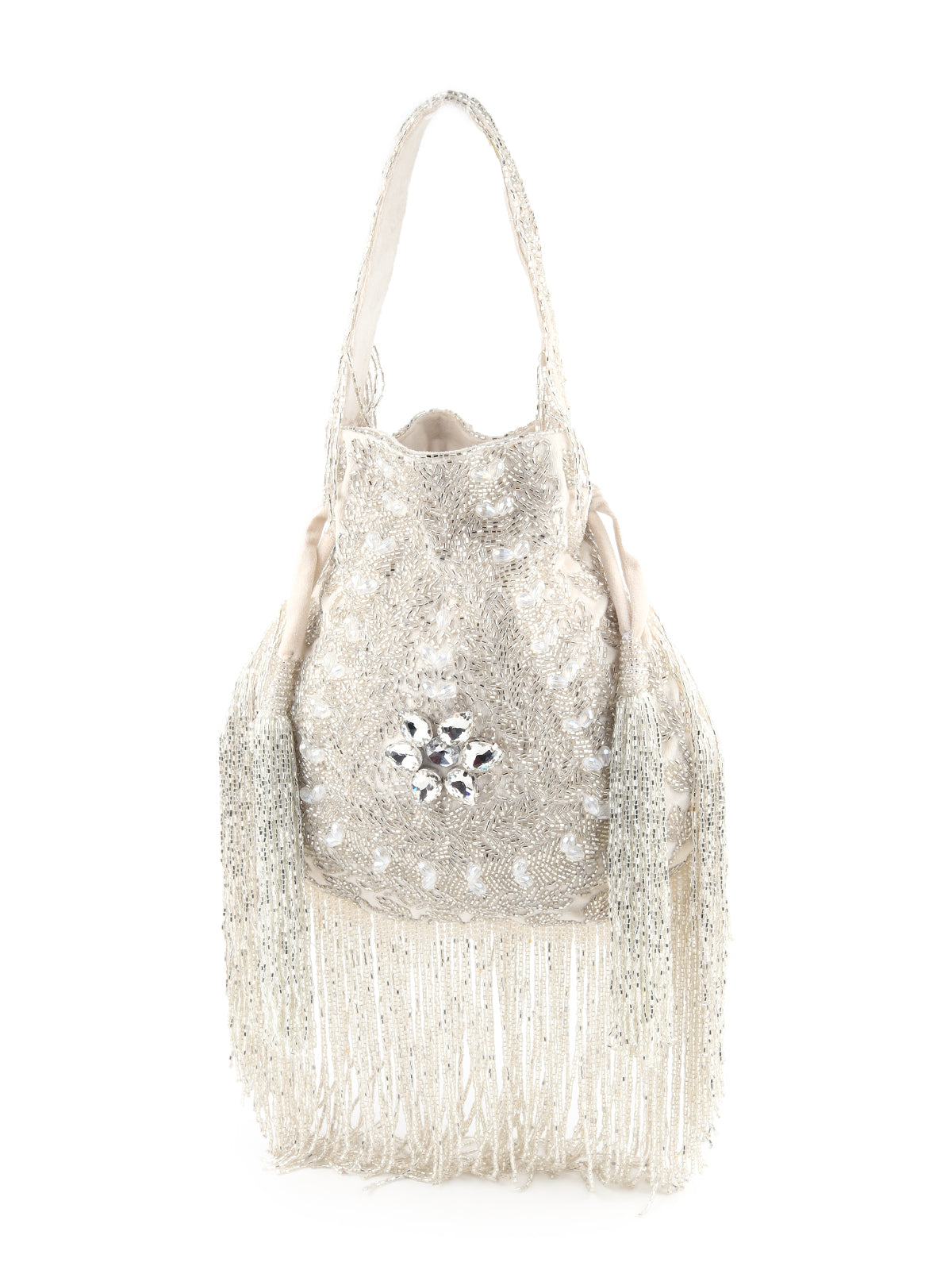 Odette Women White Velvet Beaded Potli Bag