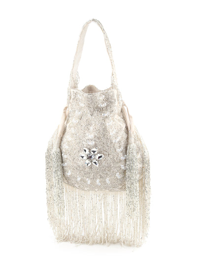 Odette Women White Velvet Beaded Potli Bag