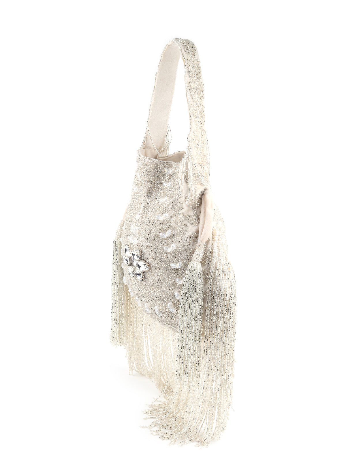 Odette Women White Velvet Beaded Potli Bag