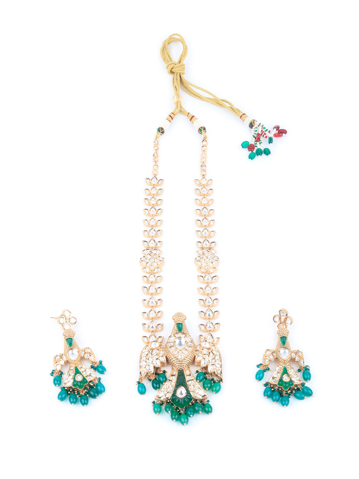 Odette Women Green Kundan Long Necklace With Bird Pendant With Ring