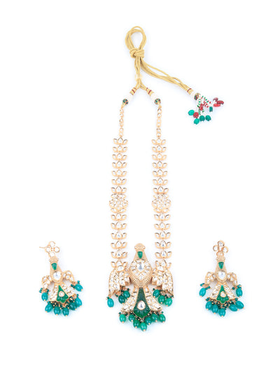 Odette Women Green Kundan Long Necklace With Bird Pendant With Ring