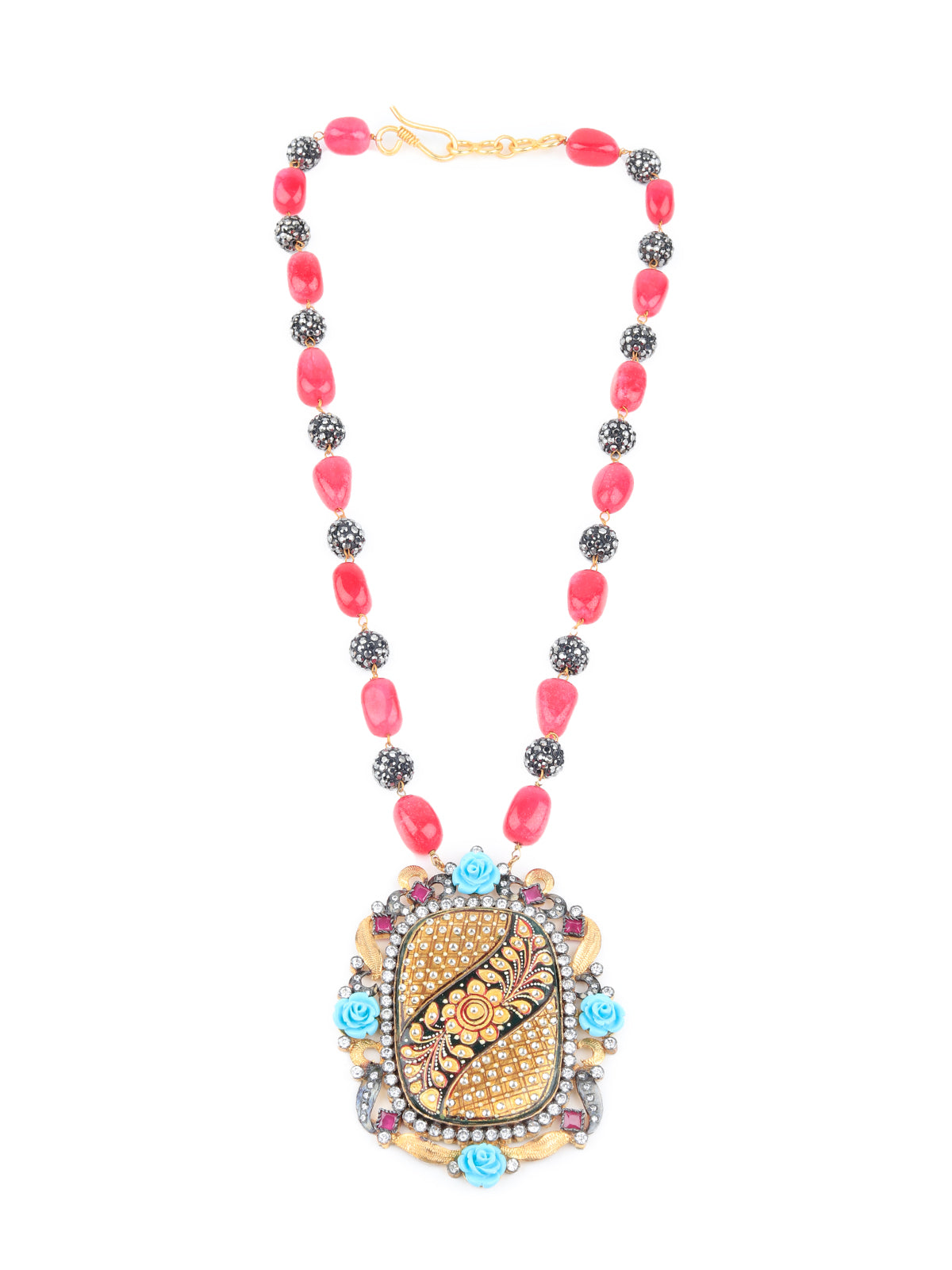 Odette Women Golden Pendant With Magenta Beads Neckpiece