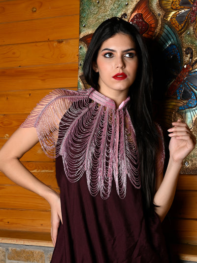 Odette Women Tasseled Grandeur- The Pink Beads Tasseled Cape