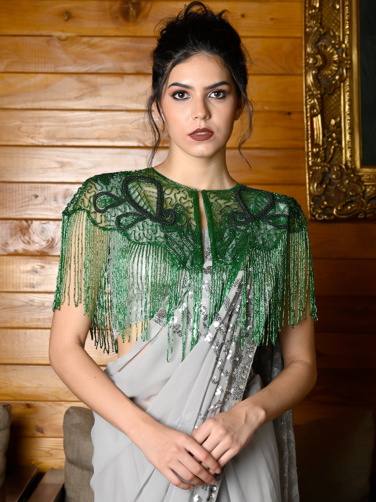 Odette Women Tasseled Grandeur- The Green Beaded Cape